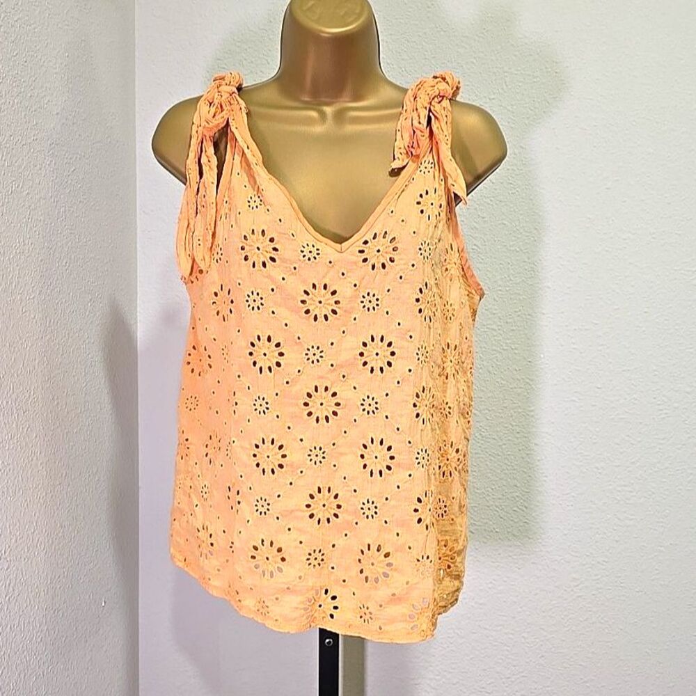 Peach Floral Eyelet Top Womens Med Beach Boho Fairy Peasant Cottage Indie Summer